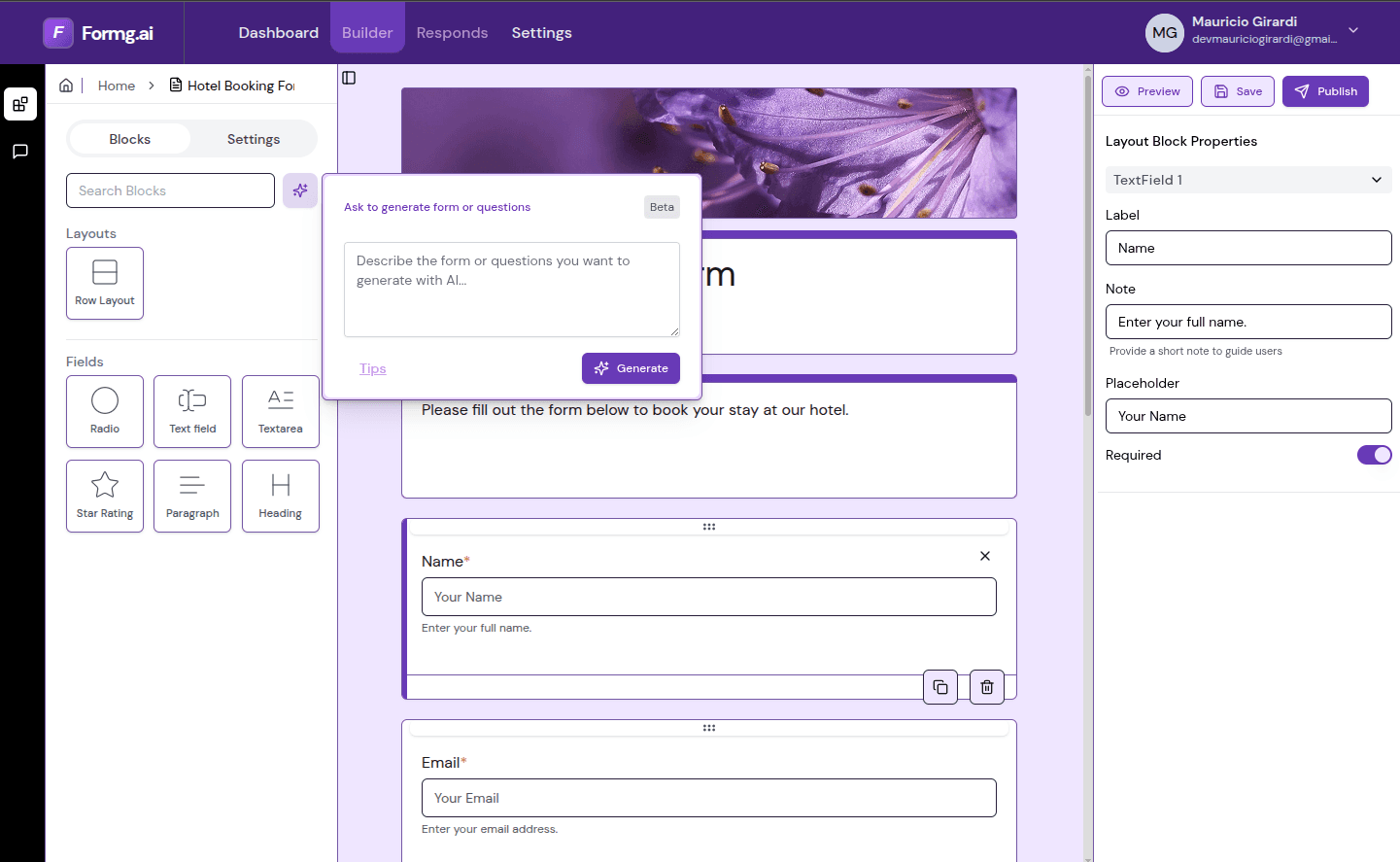 Formg AI dashboard